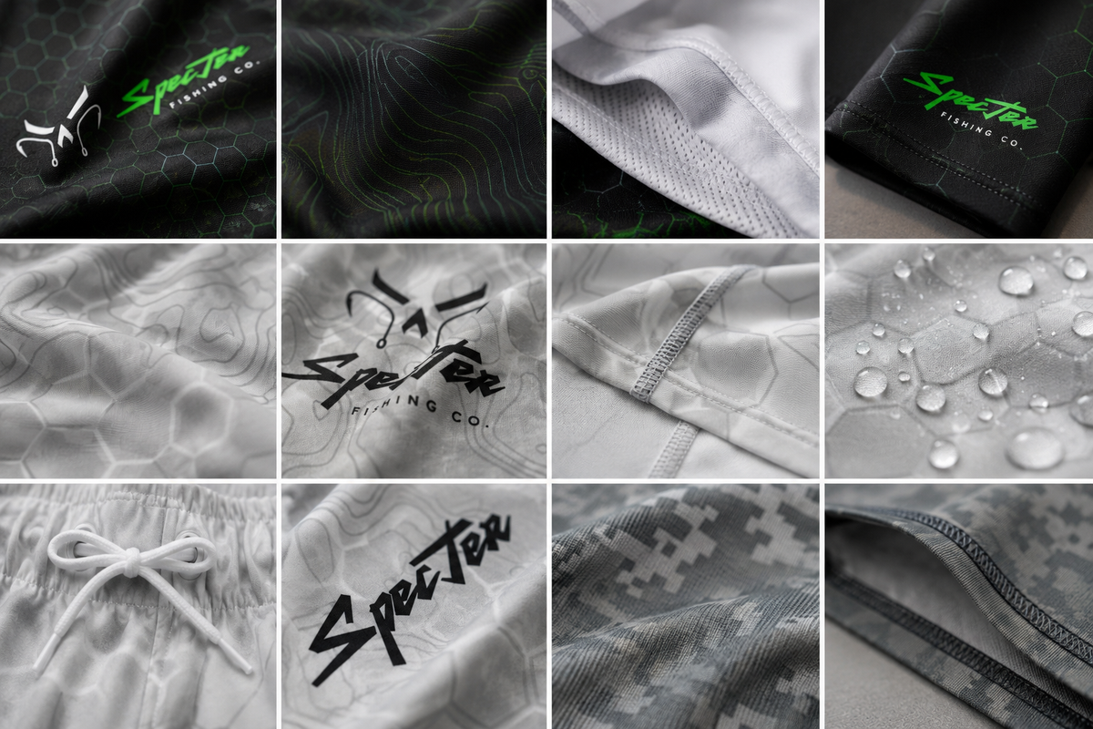 A 3x4 collage showing multiple close-up views of a fishing apparel product, including fabric textures, printed logos, water droplets on a surface, and different colorways such as black, white, gray, and camouflage. The visible logo reads Specter Fishing Co.